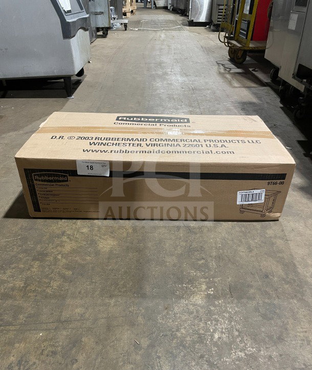 New Rubbermaid Commercial Utility Pushcart, Model FG9T6600BLA, in box; black, heavy duty, 2-tier, lipped design.