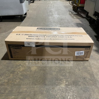 New Rubbermaid Commercial Utility Pushcart, Model FG9T6600BLA, in box; black, heavy duty, 2-tier, lipped design.