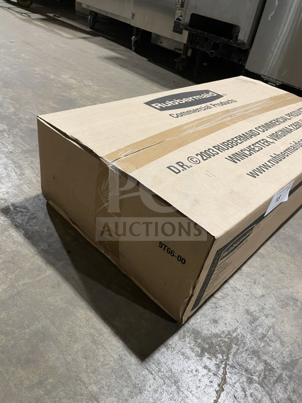 Rubbermaid Commercial 2-Tier Utility Cart, model FG9T6600BLA, new in box. Black, heavy-duty, lipped design.