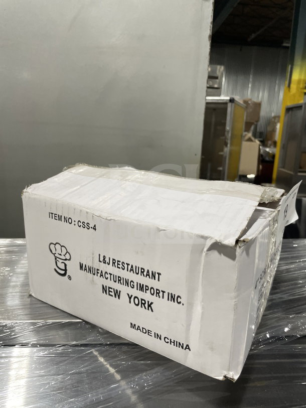 New L&J CSS-4 Commercial 4" screw-in shelving caster set in box. Box marked with "L&J Restaurant Manufacturing Import Inc."