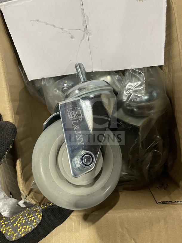 NEW L&J Commercial 4" Screwin Shelving Caster Set in box. Model CSS-4 with durable wheels and L&J logo visible.