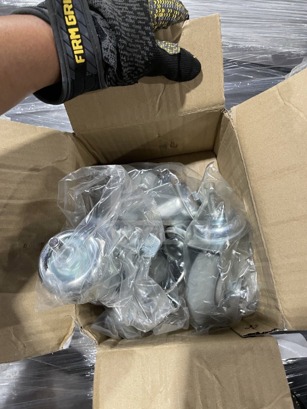 New L&J Commercial 4" screw-in shelving caster set, model CSS-4, in packaging. Durable metal with protective plastic covers.