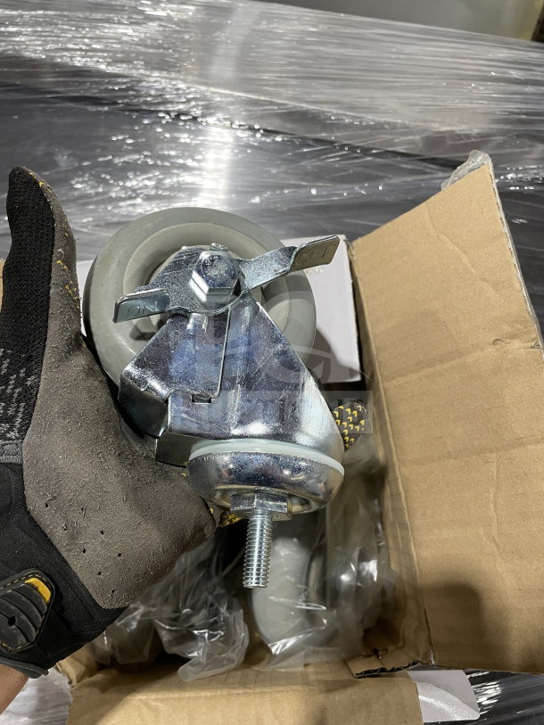NEW L&J CSS-4 4" screw-in shelving caster set, chrome finish, with brake lever, in original packaging.