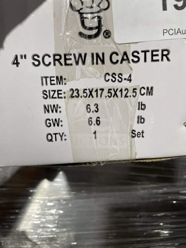 L&J Commercial 4" Screw-In Shelving Caster Set, Model CSS-4, new condition, size 23.5x17.5x12.5 cm, net weight 6.3 lb.