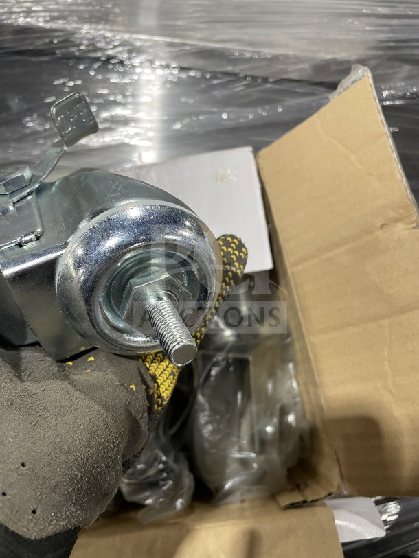 L&J CSS-4 Screw-In Shelving Caster, 4" set, new condition, metallic finish, visible labels, in opened box.