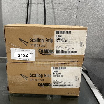 Two boxes of Cambro Lugano Series 12" red scallop grip tongs, model 12TGS404, each containing 12 units, brand new condition.