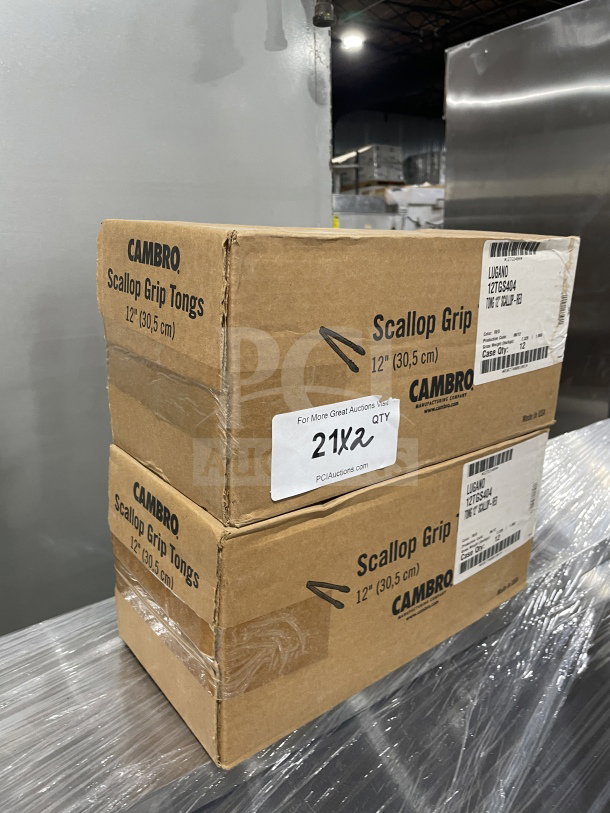 Two boxes of Cambro Lugano Series red 12" scallop grip tongs, model 12TGS404, brand new, 12 per box.
