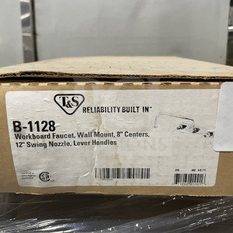 T&S B-1128 commercial wall-mounted workboard faucet, 8" centers, 12" swing nozzle, lever handles, in original box.