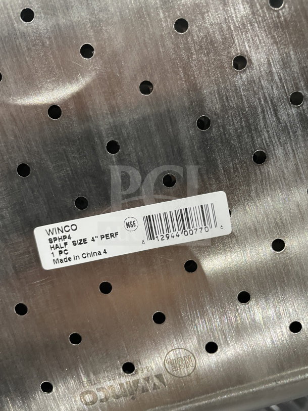 Winco SPHP4 perforated stainless steel steam table pan, half size, 4" depth, NSF certified, new condition.