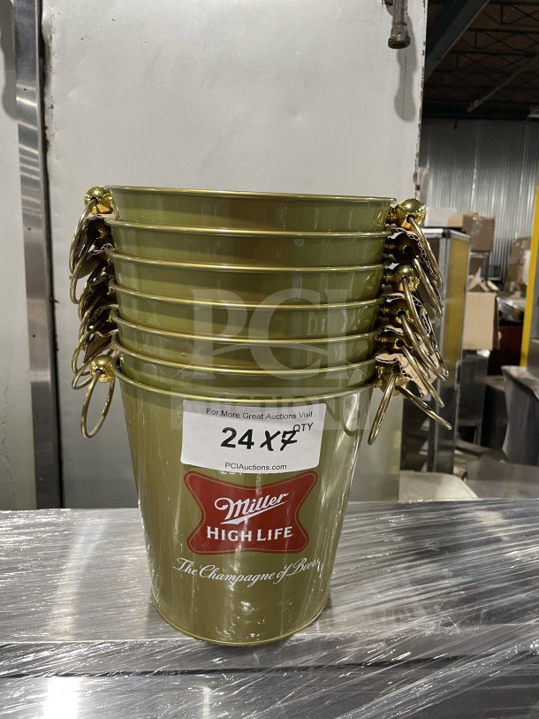 NEW Miller High Life metal bar ice bucket, gold finish, logo "The Champagne of Beer." Auction lot of 24, new condition.