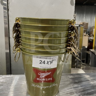NEW Miller High Life metal bar ice bucket, gold finish, logo "The Champagne of Beer." Auction lot of 24, new condition.