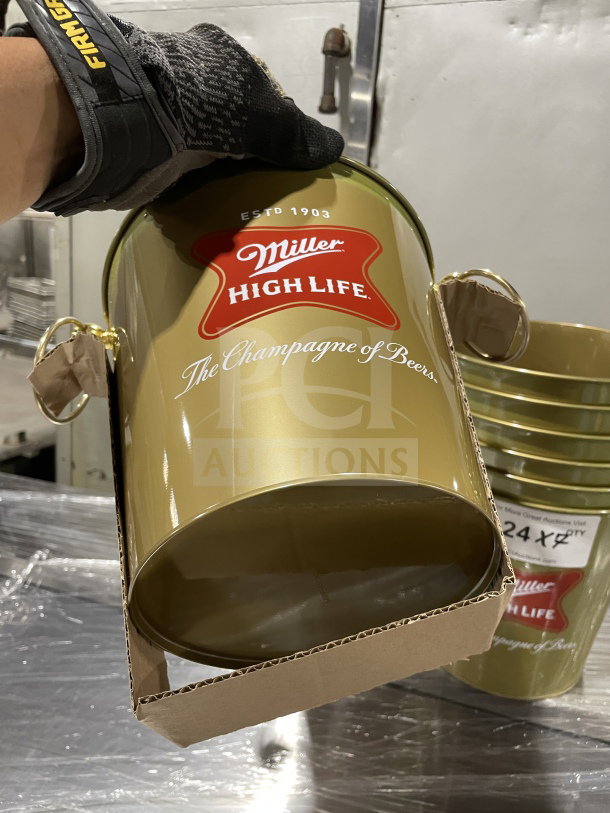 NEW Miller High Life metal bar ice bucket, gold color, "The Champagne of Beers" logo, excellent condition, includes brand markings.