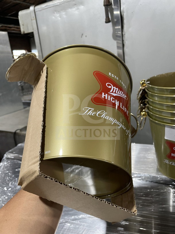 NEW Miller High Life metal bar ice bucket, gold with red logo. "The Champagne of Beer" text. Pristine condition.