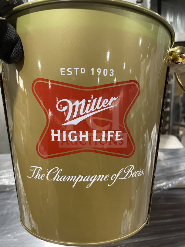 NEW Miller High Life metal bar ice bucket; gold with logo, "ESTD 1903," "The Champagne of Beers." 7X your bid potential.