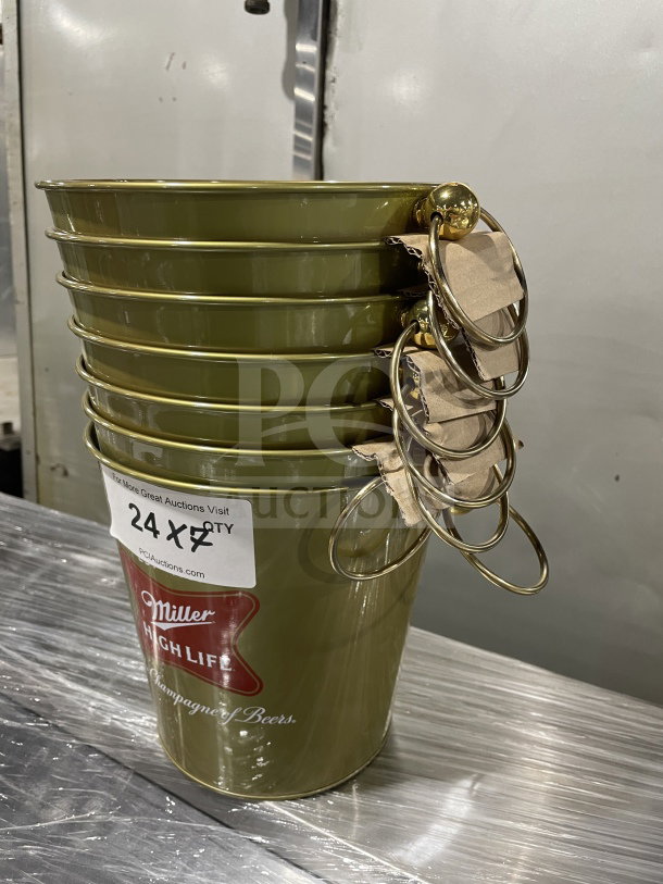 NEW Miller High Life metal bar ice bucket, olive green, logo "The Champagne of Beer," gold handles. 7X lot quantity.