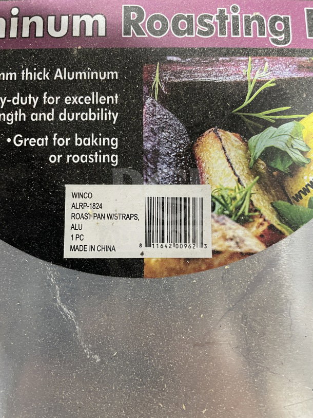 BRAND NEW Winco ALRP-1824 heavy-duty aluminum double roaster with straps and handles, made in China.