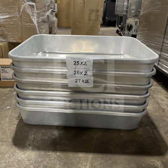 Brand new Winco ALRP1824 double roaster, heavy-duty aluminum, with straps and handles. Includes labels for auction details.