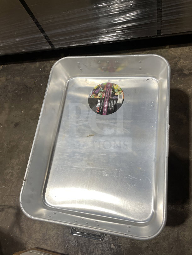 Brand new Winco ALRP-1824 double roaster, heavy-duty aluminum, with handles and straps, commercial-grade quality.