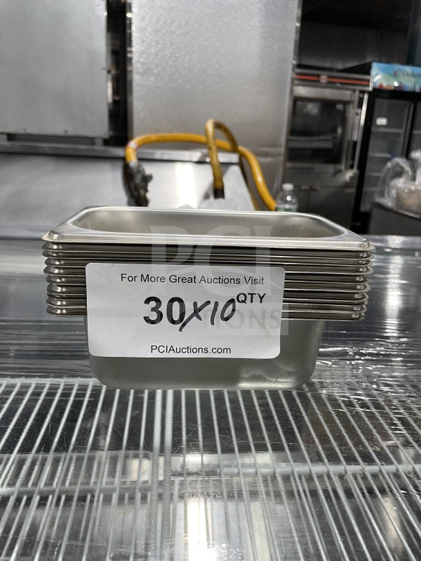 NEW Amko stainless steel steam table pan, anti-jamming corners, commercial-grade, includes 30 pans, auction label visible.