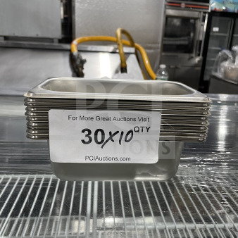 NEW Amko stainless steel steam table pan, anti-jamming corners, commercial-grade, includes 30 pans, auction label visible.