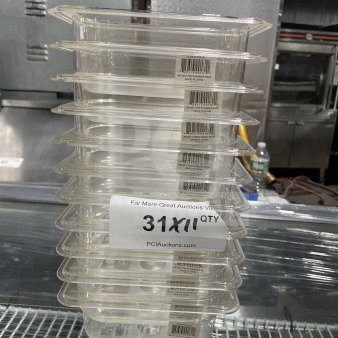 Stack of Thunder Group PLPA8192 polycarbonate food pans, new condition, clear with labels, 31 units available for auction.