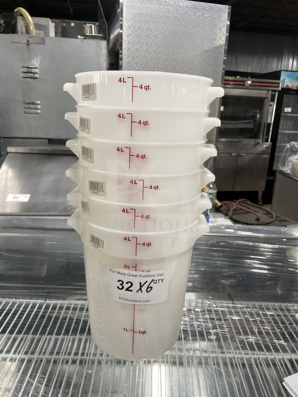Commercial 4 Qt translucent round food storage containers with red graduation markings, stack of six, new condition.