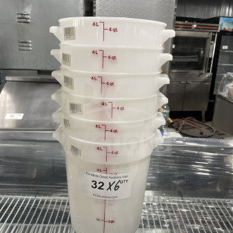 Commercial 4 Qt translucent round food storage containers with red graduation markings, stack of six, new condition.