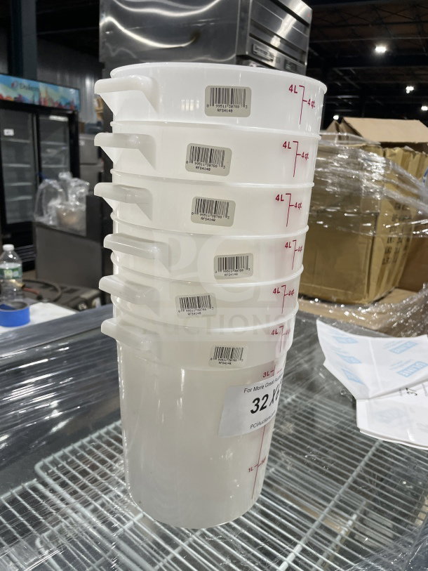 Commercial 4 Qt. translucent round food storage containers with red graduation markings, stackable, labels indicating 4L capacity.