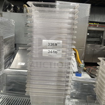 Rubbermaid Commercial Clear Polycarbonate Deep Food Pan, Model 3396, stacked, with label indicating quantity.