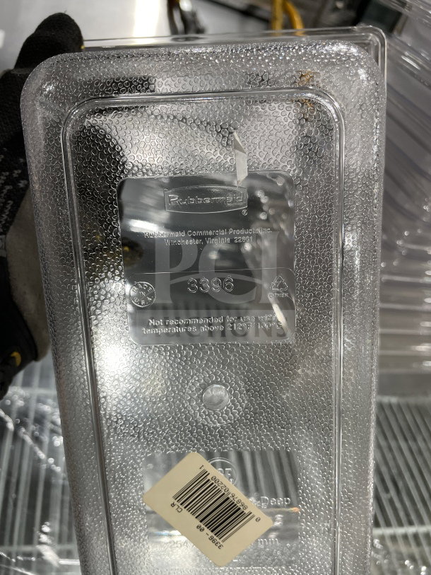 Rubbermaid Commercial clear polycarbonate food pan, Model 3396, textured surface, barcode label, deep design, auction item.