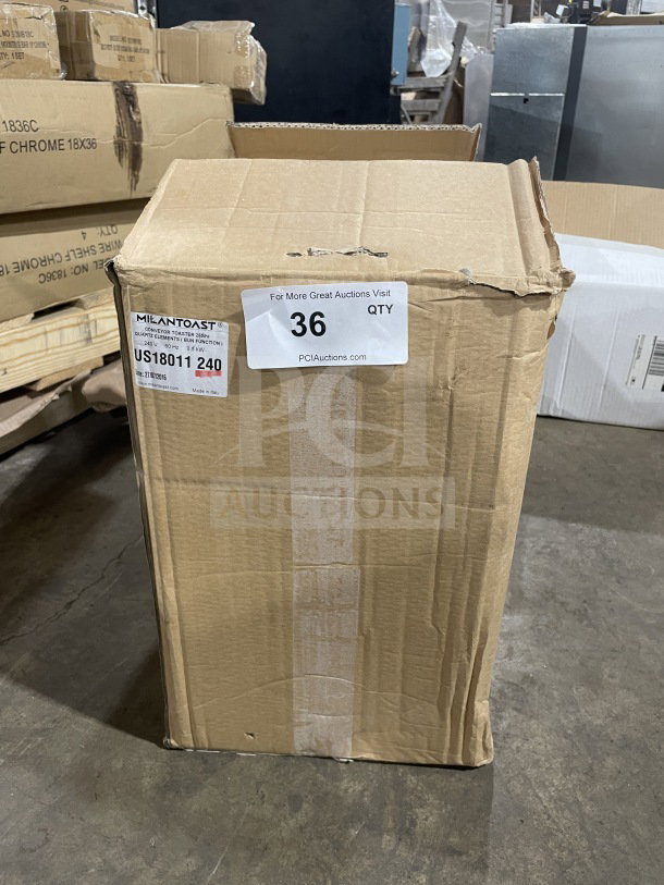Brand new Milantoast US18011 conveyor toaster in box, stainless steel, handcrafted in Milan, 240V, commercial use.