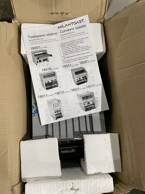 Milantoast US18011 conveyor toaster, new in box, handcrafted in Milan, stainless steel, 240V, includes manual with specs.