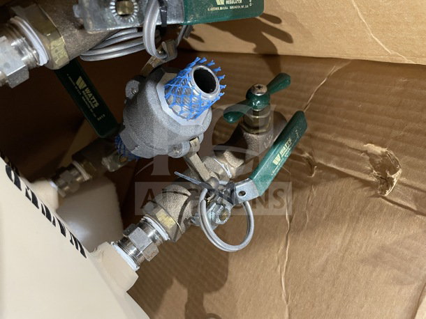 BRAND NEW military water manifold with green-handled quarter-turn ball valves, 100% mechanical, featuring Watts components.