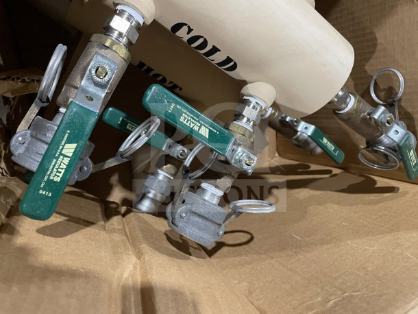 BRAND NEW military water manifold with green-handled quarter-turn ball valves, labeled "COLD" and "WATTS." 100% mechanical.