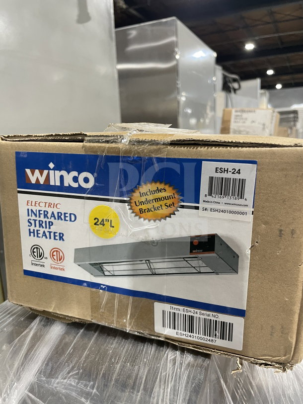 Winco ESH-24 infrared strip heater, brand new in box. Features stainless steel, 120V power, toggle switch, 24" length.