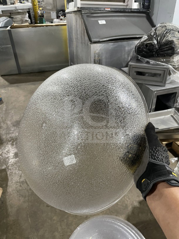 BRAND NEW Cambro Camwear pebbled polycarbonate serving bowl, heavy-duty commercial plastic, held in a warehouse setting.
