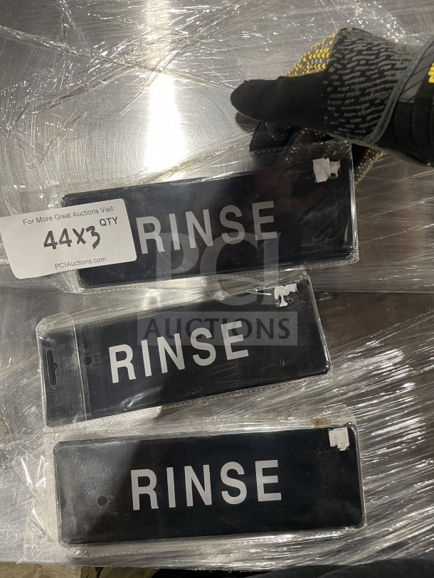 Brand new Thunder Group RINSE signs, set of three, in packaging. Black background, white text. Ideal for commercial use.