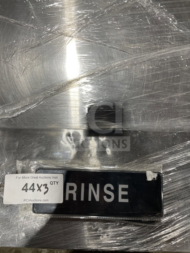 Brand new Thunder Group "RINSE" sign for handwashing, sealed in plastic. Auction label states 44x3 quantity.