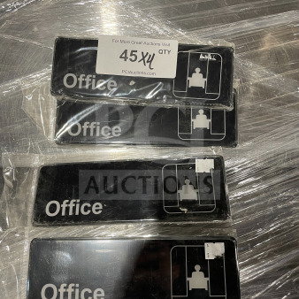 Four Thunder Group commercial office signs, new condition, black with white "Office" text and pictogram, wrapped in plastic.