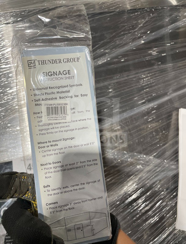 Brand new Thunder Group commercial office sign in packaging, features self-adhesive backing and sturdy plastic material, includes instructions.