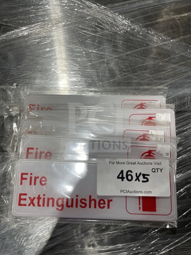 Brand new Thunder Group commercial fire extinguisher labels, 5-pack, sealed in plastic wrap, marked "Fire Extinguisher."