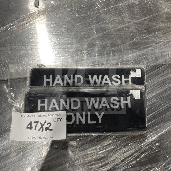 Brand new Thunder Group hand wash signs, set of two, in original packaging. Black background with white text.