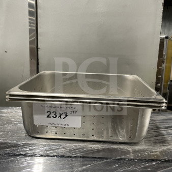Winco SPHP4 perforated stainless steel steam table pan in excellent condition, auction quantity label visible.