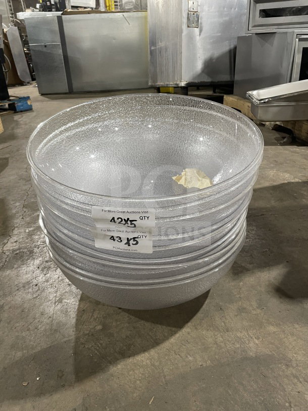 Brand new Cambro Camwear pebbled polycarbonate serving bowls, stack of five, durable and heavy-duty, commercial use.
