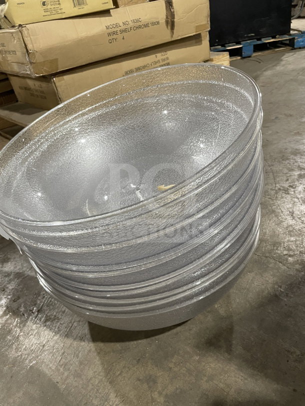 Brand new Cambro Camwear heavy-duty plastic serving bowls, pebbled polycarbonate, stacked, auction item.