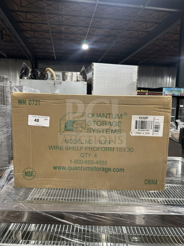 Brand new Quantum Storage Model 1830P commercial shelf, heavy-duty black wiring, box contains 4 shelves.