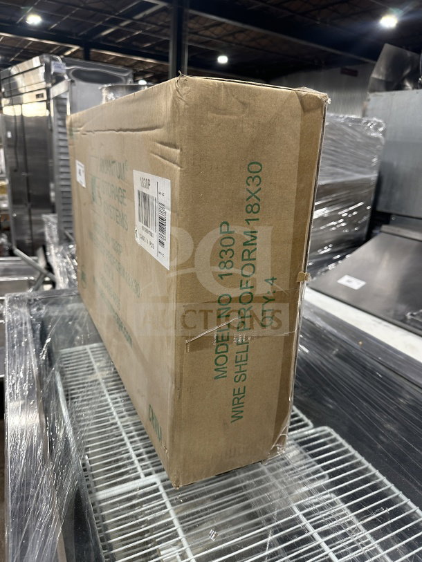 Brand new Quantum Storage 1830P commercial shelf in box. Heavy-duty black wire, qty 4 shelves. Model 1830P, SN 651588017883.