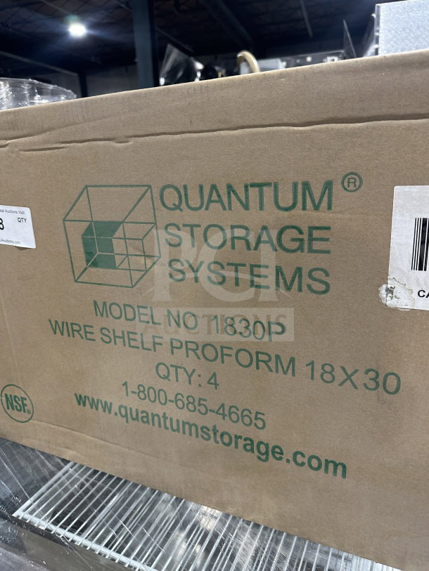 Box containing Quantum Storage shelf, model 1830P. Includes four heavy-duty black wire shelves. Brand new condition.