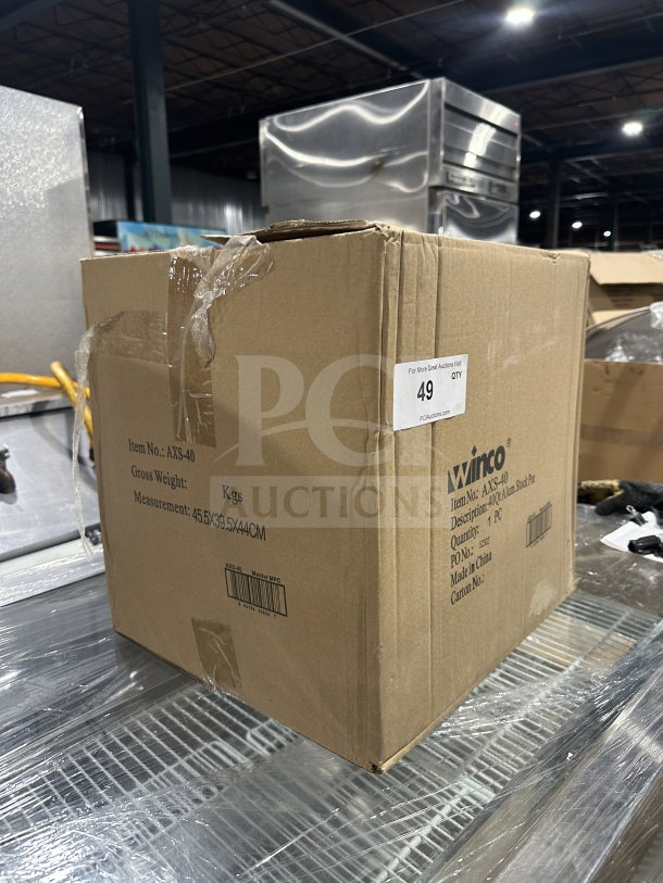 Winco Commercial Super Aluminum 40 Qt. Stock Pot in original packaging. Model AXS-40, brand new with handles.