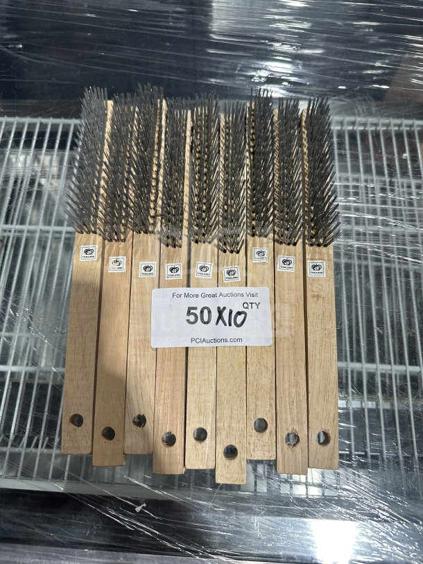 Brand new Thailand heavy-duty wire scratch brushes, wooden handles, 50-pack, commercial-grade, auction lot of 10.